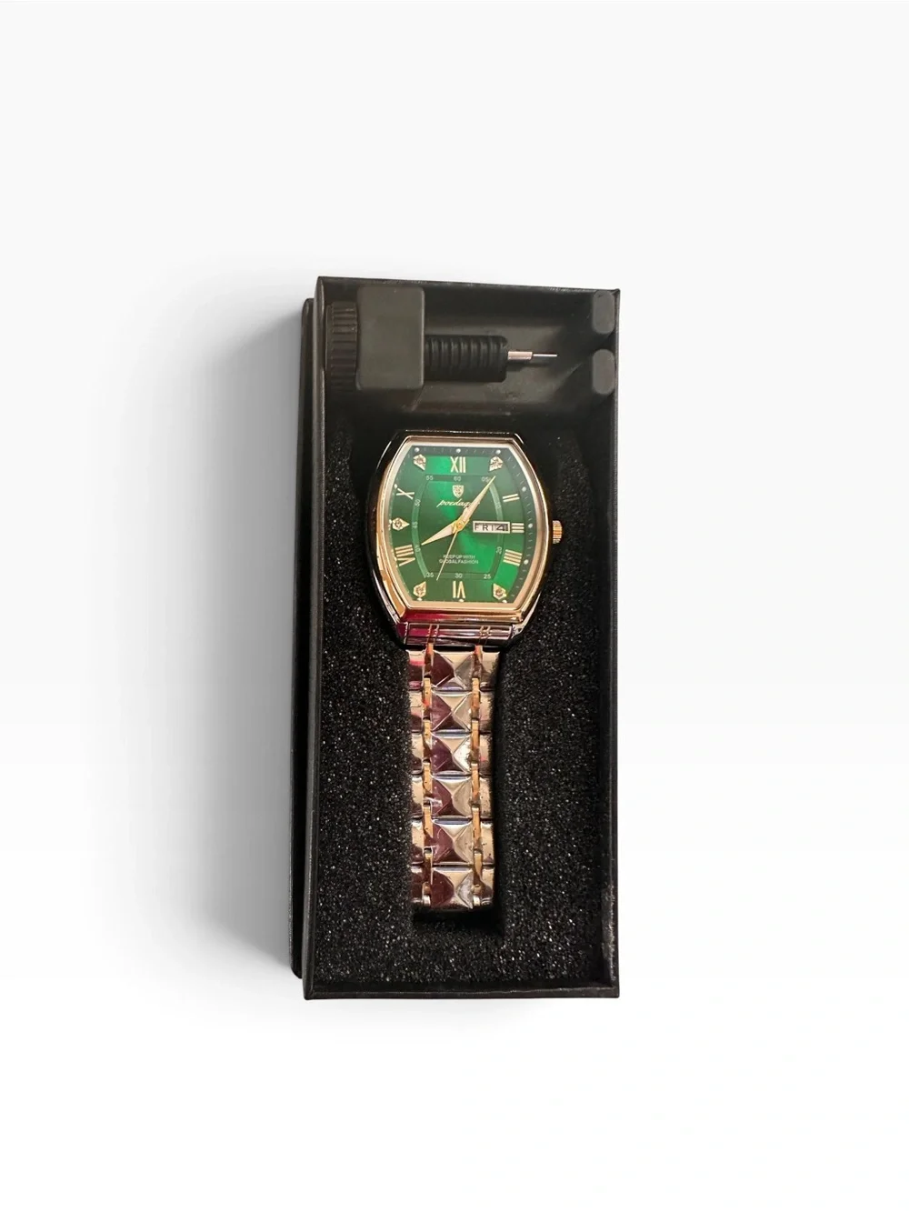 POEDAGAR Men’s Rose Gold Green Dial Day Date Quartz Watch